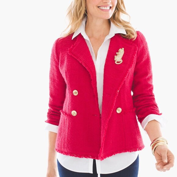 NWT Chico's 1 M 8 10 Renaissance Red Chic Tweed Double Buttoned Jacket - Picture 1 of 6